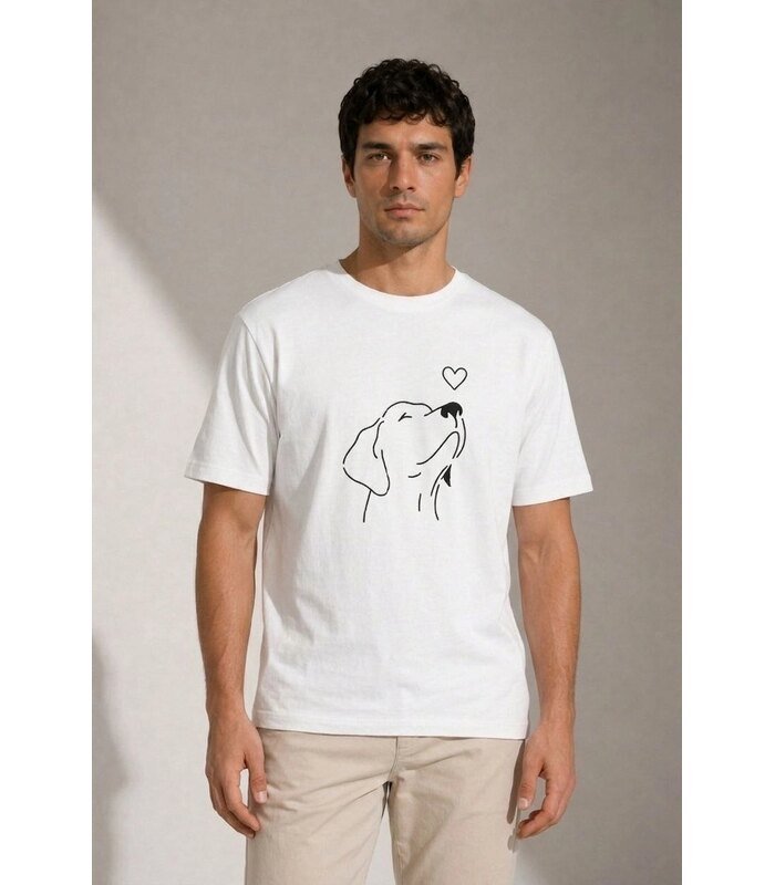 Erkek Köpek Figürlü Minimal Baskılı Tişört Kısa Kol Yazlık T-Shirt - Beyaz