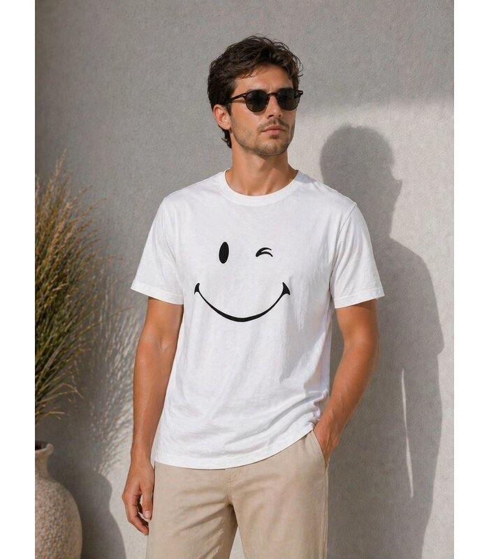 Erkek Minimal Gülümseyen Yüz Baskılı Tişört Kısa Kol Yazlık T-Shirt - Beyaz
