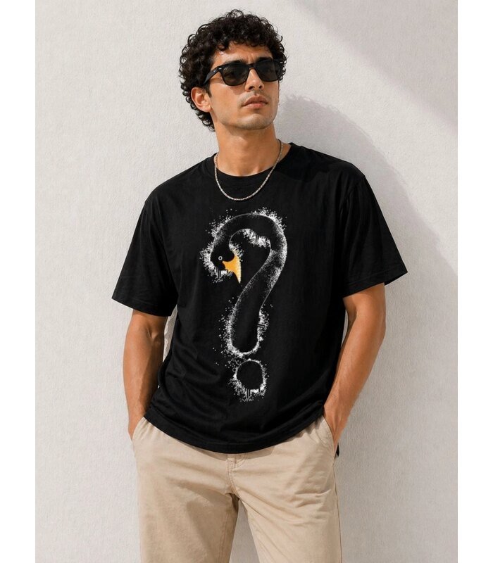 Erkek Kuğu Figürlü Soru İşareti Baskılı Tişört Kısa Kol T-Shirt - Siyah