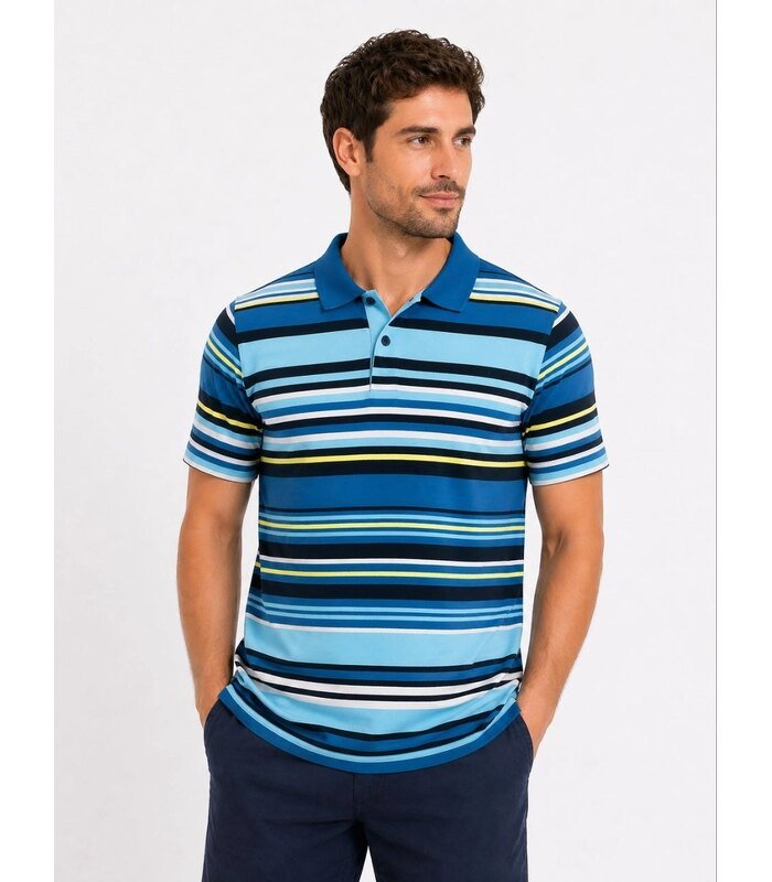 Erkek Çizgili Polo Yaka Tişört Kısa Kol Yazlık T-Shirt Regular Fit - Mavi