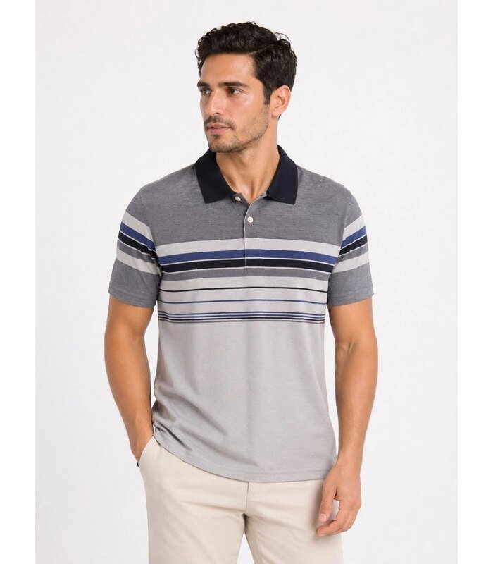 Erkek Flamlı Penye Çizgili Polo Yaka Tişört Kısa Kol Yazlık T-Shirt - Gri