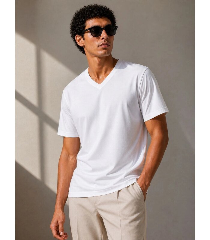 Erkek V Yaka Basic Tişört Kısa Kol Yazlık Regular Fit T-Shirt - Beyaz