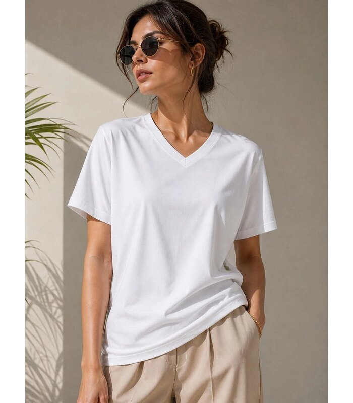 Kadın V Yaka Basic Tişört Kısa Kol Yazlık Regular Fit T-Shirt - Beyaz