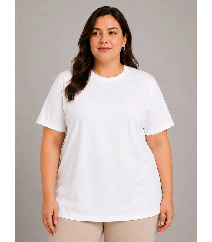 Kadın Battal Big Size Basic Tişört Bisiklet Yaka Rahat Kalıp T-Shirt - Beyaz