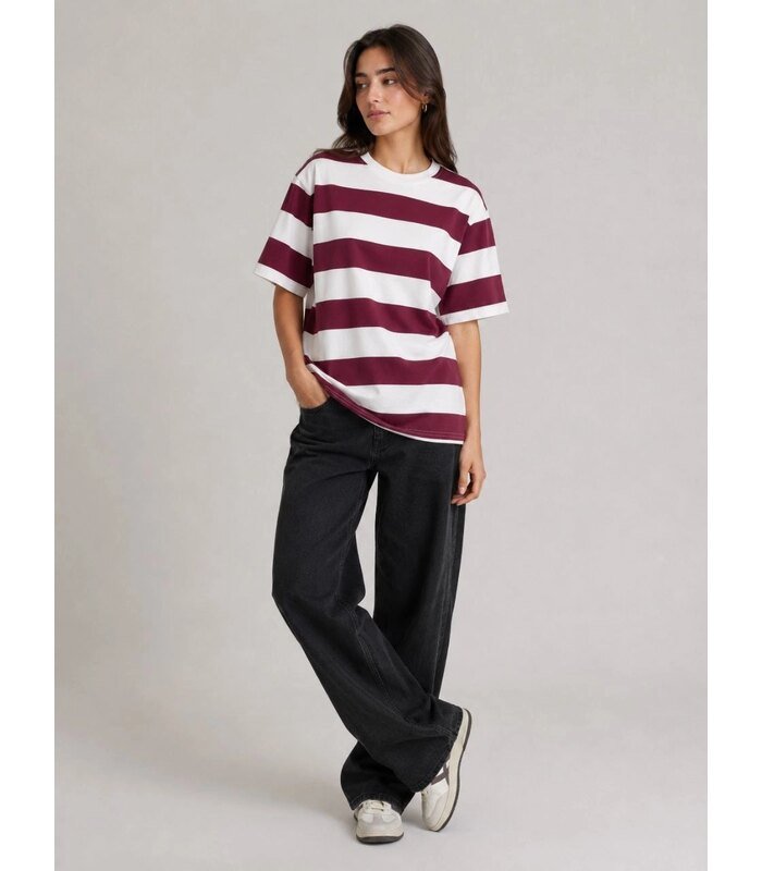 Kadın Çizgili Oversize Tişört Bisiklet Yaka Kısa Kol Yazlık T-Shirt - Bordo