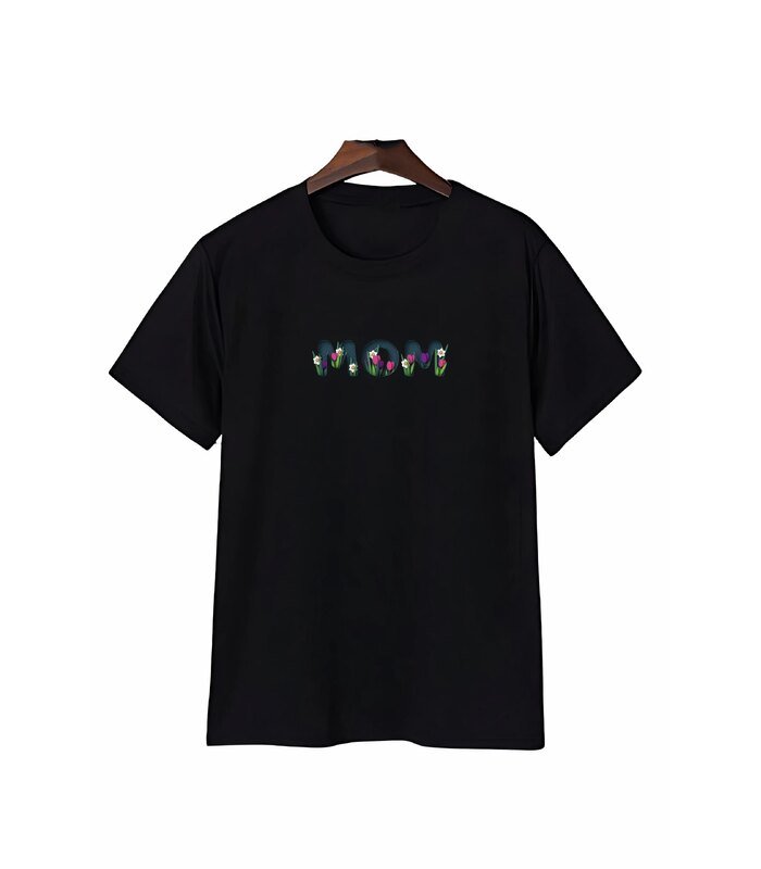 Anneler Günü Mom Çiçek Temalı Baskılı Oversize Bisiklet Yaka T-shirt - Siyah