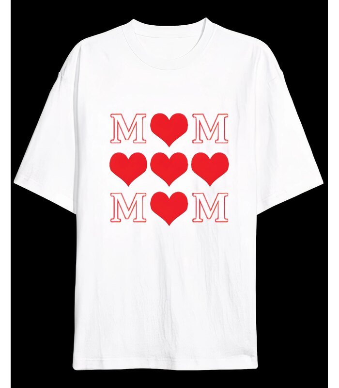 Anneler Günü Hediye MOM Kalp Baskılı Oversize Bisiklet Yaka T-shirt - Beyaz