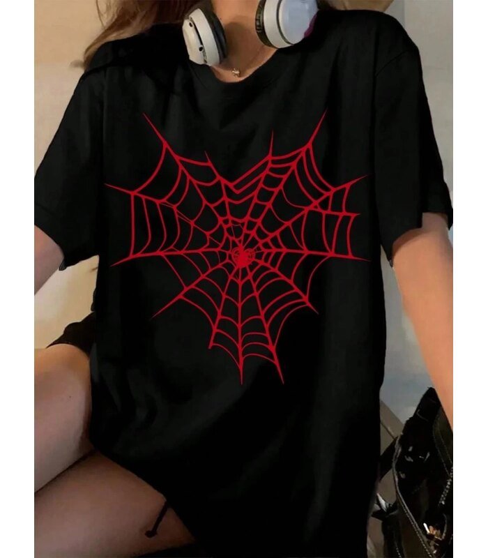 baskili-kadin-t-shirt-siyah-27744756-sw769sh1024-c521bd2377-700x800-1 Kadın Örümcek Ağ Baskılı T-Shirt Kısa Kol Bisiklet Yaka Oversize Tişört - Siyah - Görsel 1