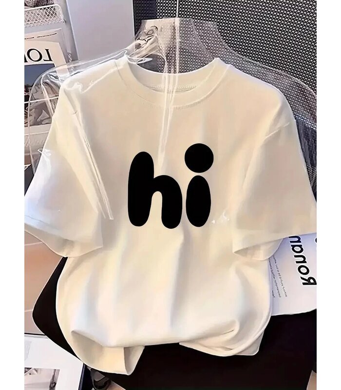 Kadın Kısa Kol Yazlık Tişört Bisiklet Yaka hi Baskılı T-Shirt - Beyaz