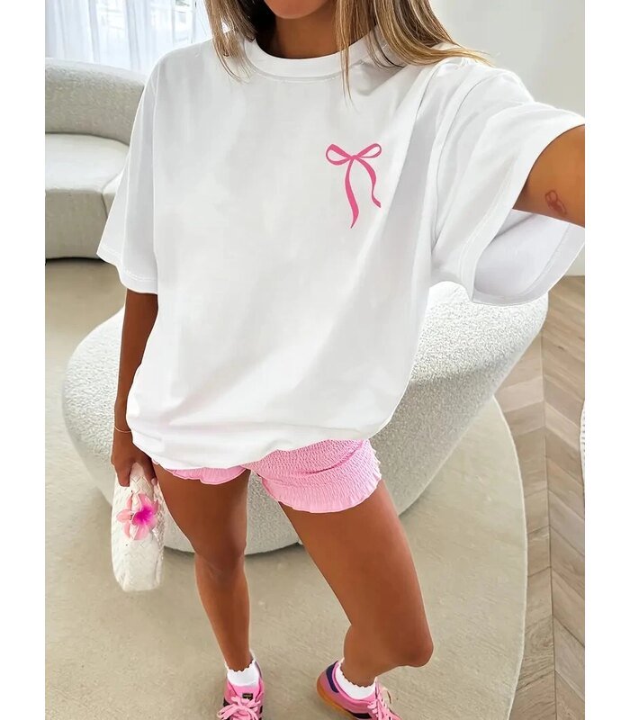 Kadın Tişört fiyonk baskılı Bisiklet yaka yazlık Kısa Kol oversize t-shirt - Beyaz