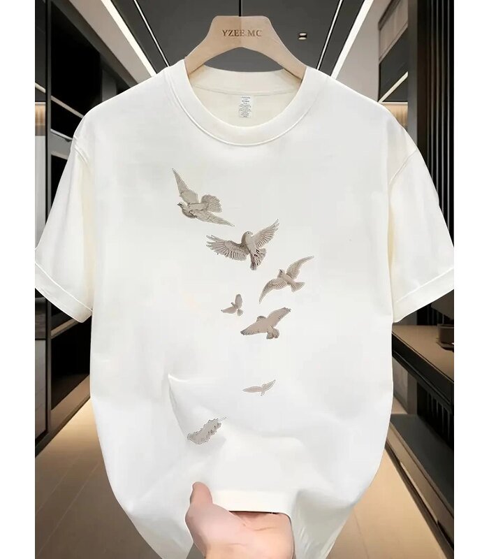 ERKEK Bisiklet yaka Tişört Özgür kuşlar Baskılı kısa kol T-shirt - Beyaz