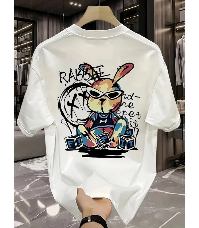 Erkek T-shirt Tavşan Baskılı Kısa Kollu Tişört - Beyaz