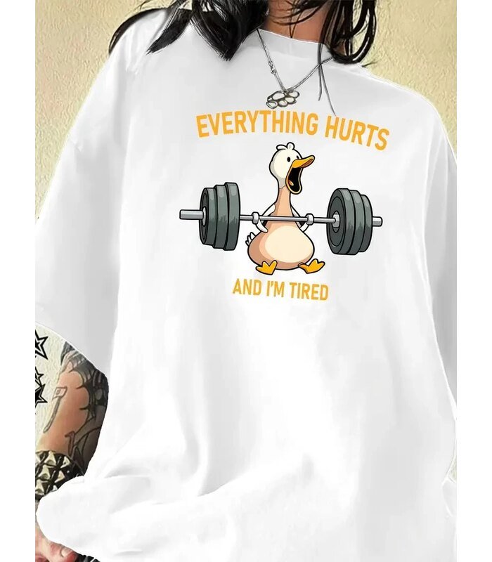 Kadın T-Shirt Ördek Baskılı Bisiklet Yaka Kısa kol Tişört - Beyaz