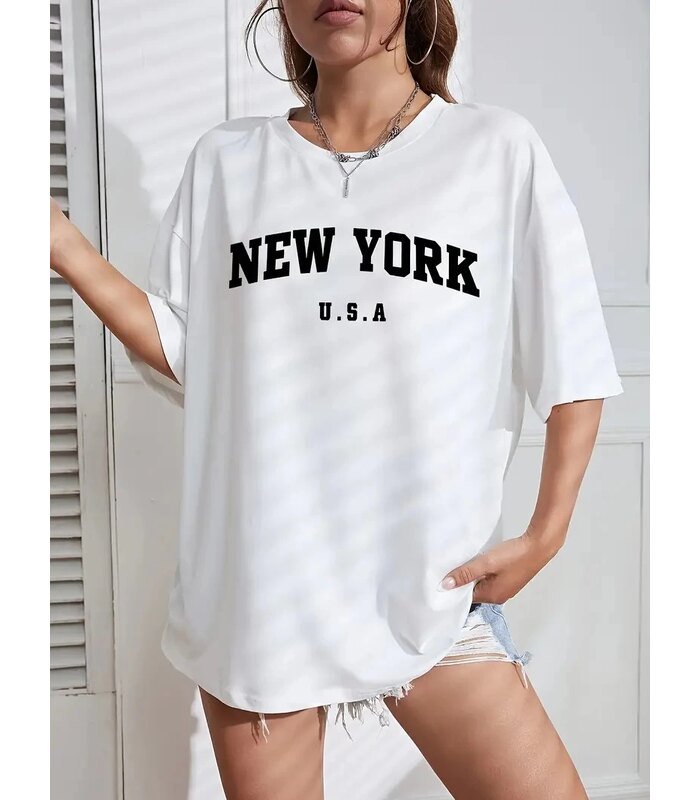 Kadın New York Baskılı Tişort Kısa Kol Bisiklet Yaka T-shirt - Beyaz