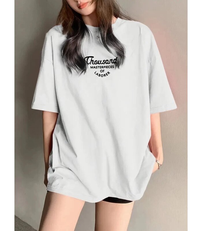 Kadın Baskılı Tişört Bisiklet yaka yazlık Kısa Kol oversize t-shirt - Beyaz