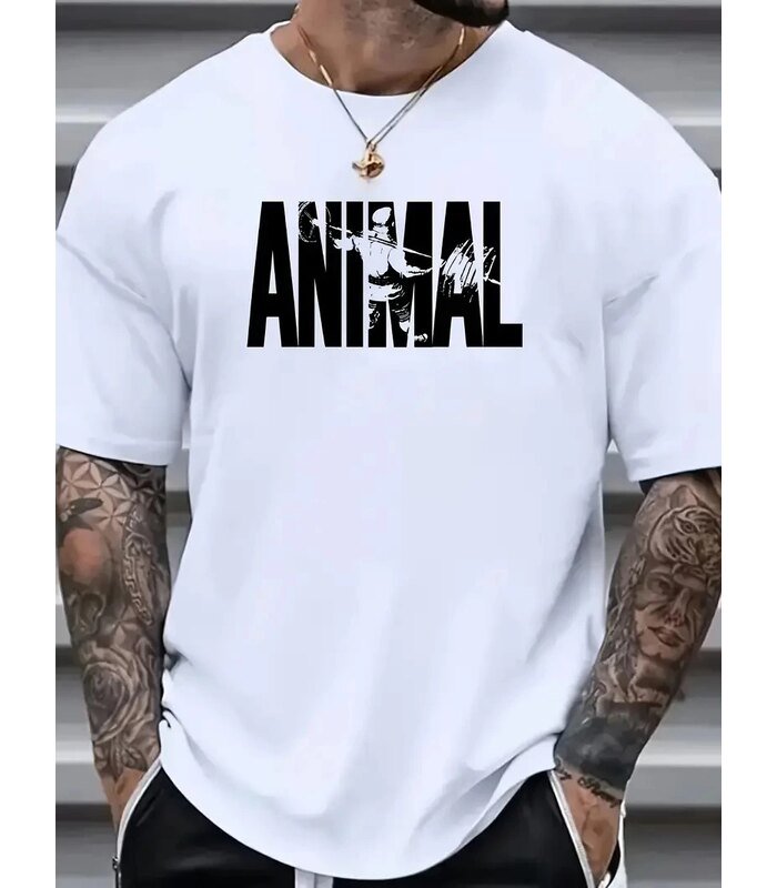 Erkek ANIMAL Baskılı Tişört Bisiklet YakaYazlık T-shirt - Beyaz