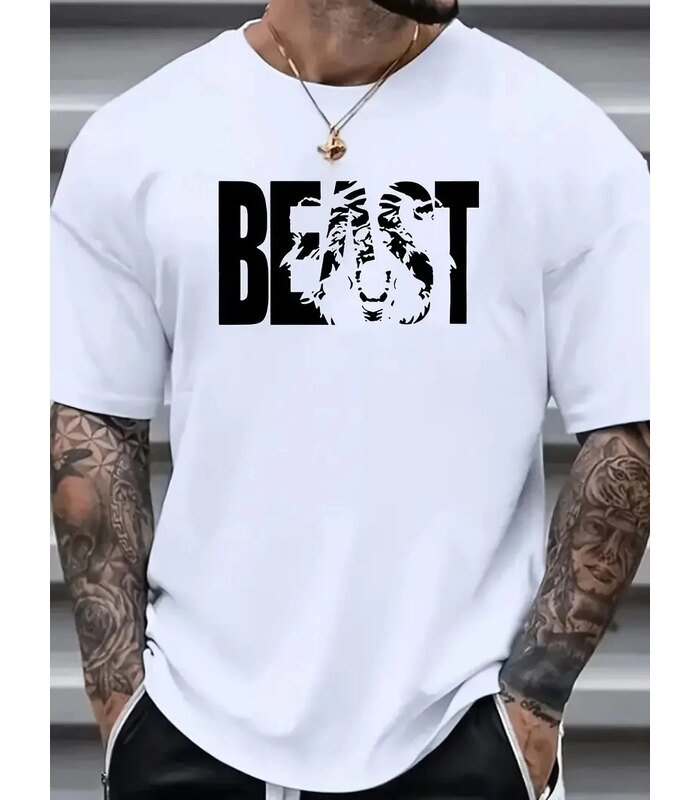 Erkek Baskılı Tişört Kısa Kol Bisiklet Yaka Oversize T-Shirt - Beyaz