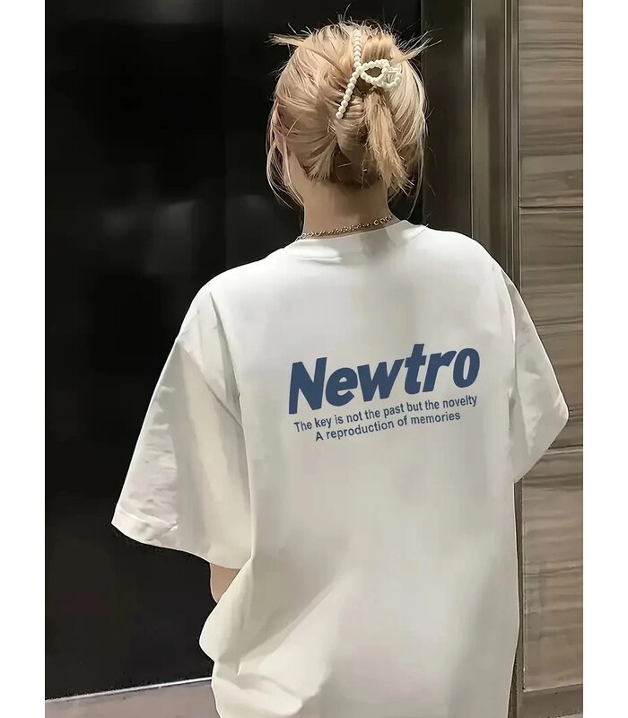 Kadın Tişört Newtro Baskılı Oversize Bisiklet Yaka T-shirt - Beyaz