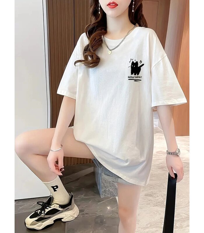 Kadın Tişört Penye Compack Tatlı Kedi Baskılı Bisiklet Yaka T-shirt - Beyaz