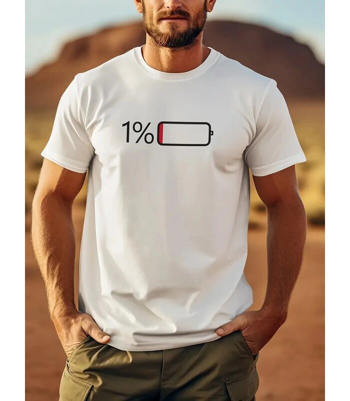 Erkek Sarj %1 Baskılı T-Shirt Kısa Kol Bisiklet Yaka Regular Fit Tişört - Beyaz
