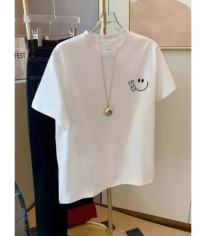 Kadın Gülücük Baskılı Tişört Kısa Kol Bisiklet Yaka Oversize T-Shirt - Beyaz
