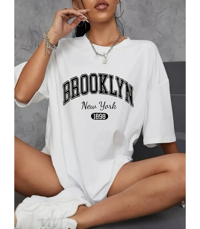 Kadın Brooklyn Baskılı Tişört Kısa Kol Bisiklet Yaka Oversize T-Shirt - Beyaz