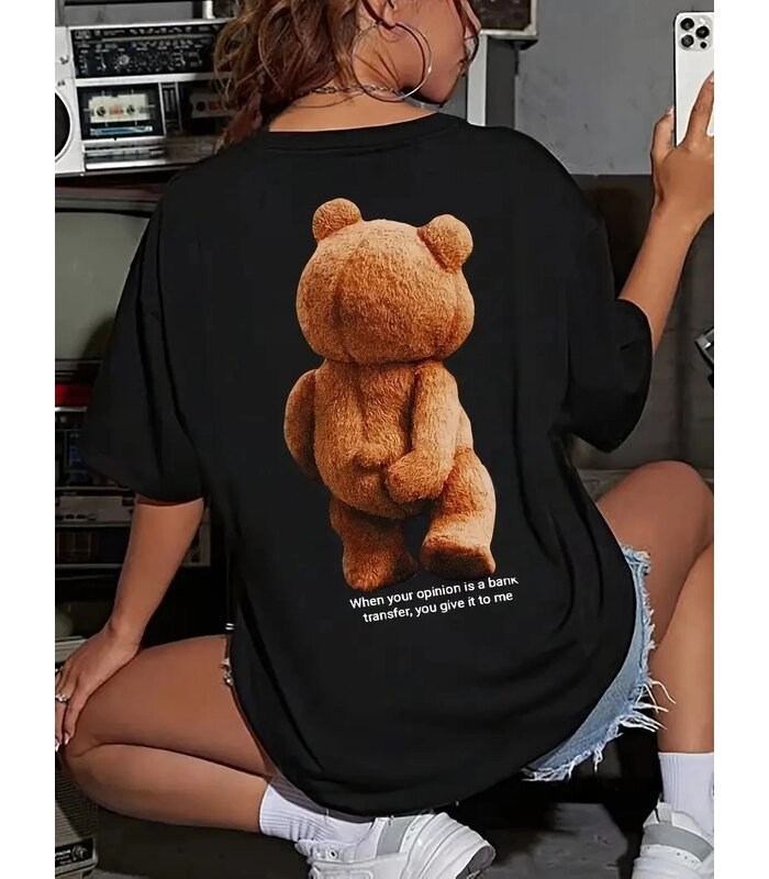 Kadın Tişört Büyük Boy Ayıcık Baskılı Bisiklet Kısa kol t-shirt - Siyah