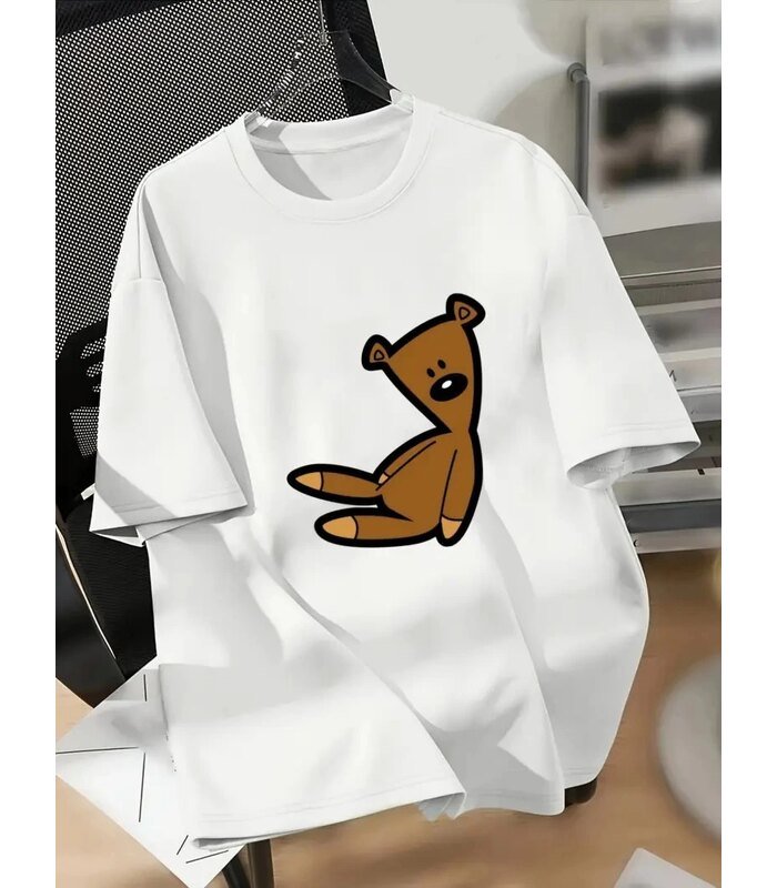 Kadın Tişört Bisiklet yaka Ayı Baskılı yazlık Kısa Kol T-shirt - Beyaz