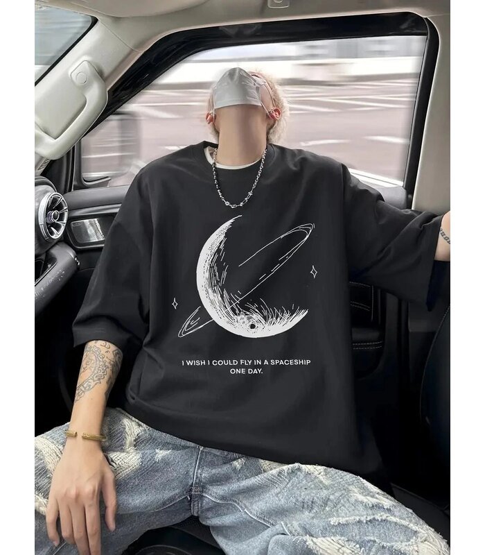 Erkek Baskılı Tişört Kısa Kol Bisiklet Yaka Oversize T-Shirt - - Siyah