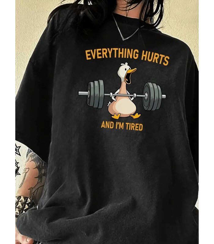 Kadın T-Shirt Ördek Baskılı Bisiklet Yakalı Kısa kol Tişört - Siyah
