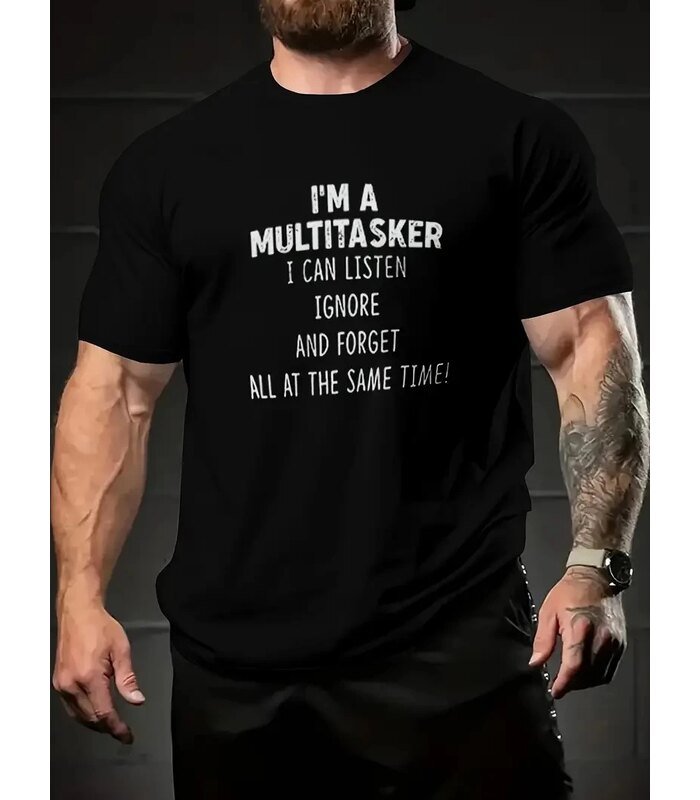 Erkek T-shirt Komik 'Multitasker' Baskılı Kısa kol Tişört - Siyah