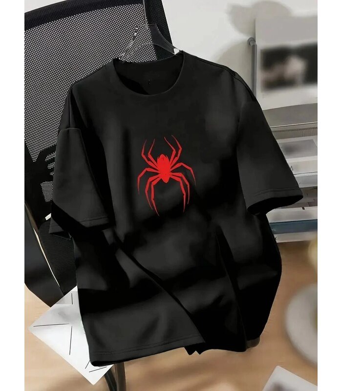 Kadın Kısa Kol Yazlık Tişört Bisiklet Yaka Spider Baskılı T-Shirt - Siyah