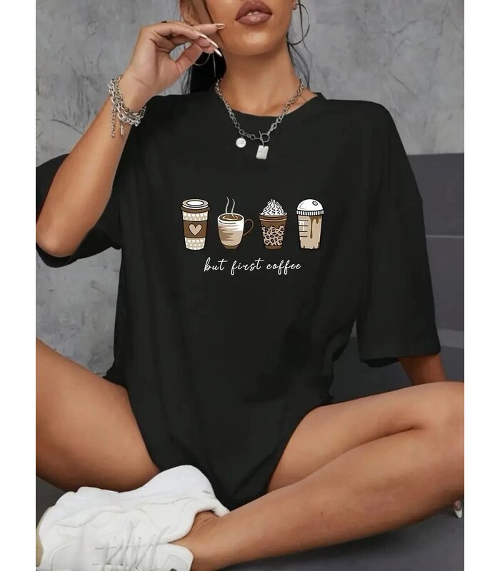 Kadın Kahve Desen Baskılı Tişört Kısa Kol Bisiklet Yaka Oversize T-Shirt - Siyah