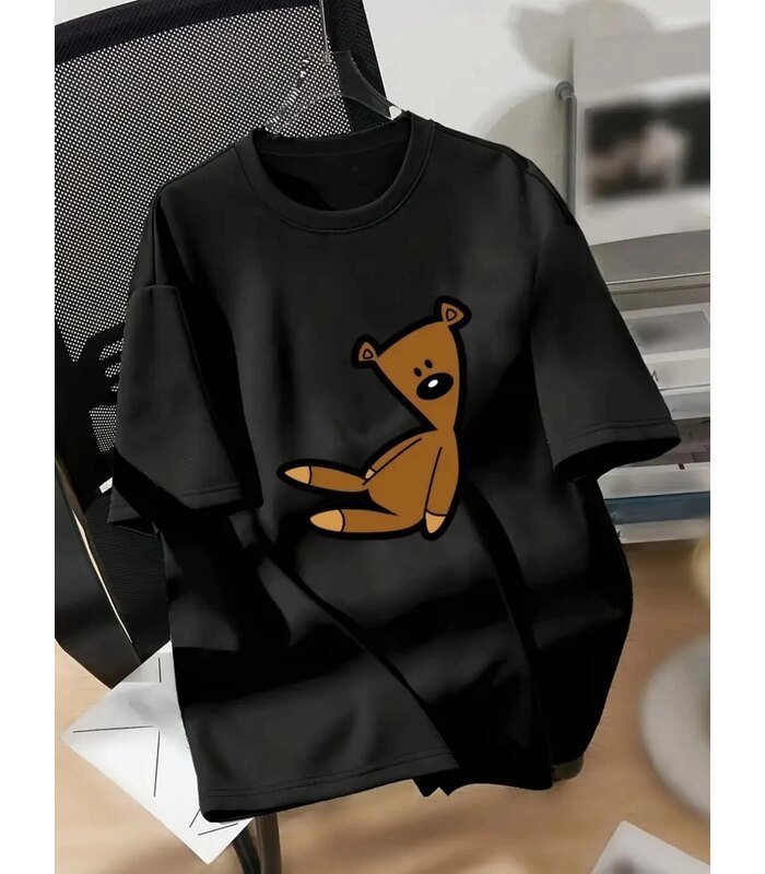 Kadın Tişört Ayı Baskılı Bisiklet Yaka Yazlık Kısa Kol T-shirt - Siyah
