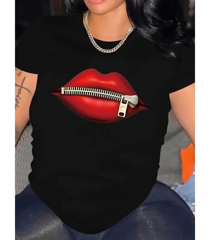 Kadın Kısa Kol Yazlık Tişört Bisiklet Yaka Dudak Baskılı T-Shirt - Siyah