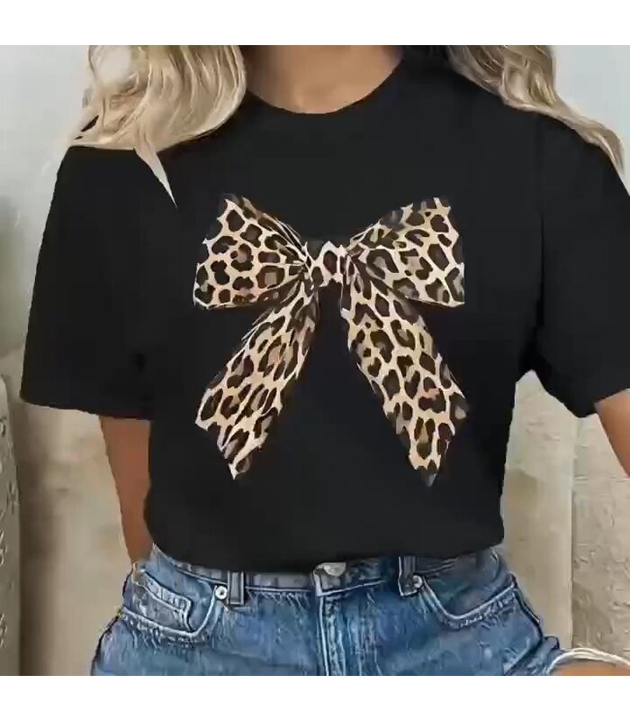 Kadın Leopar Desenli Fiyonklu Baskılı T-Shirt Kısa Kol Bisiklet Yaka Oversize Tişört - Siyah