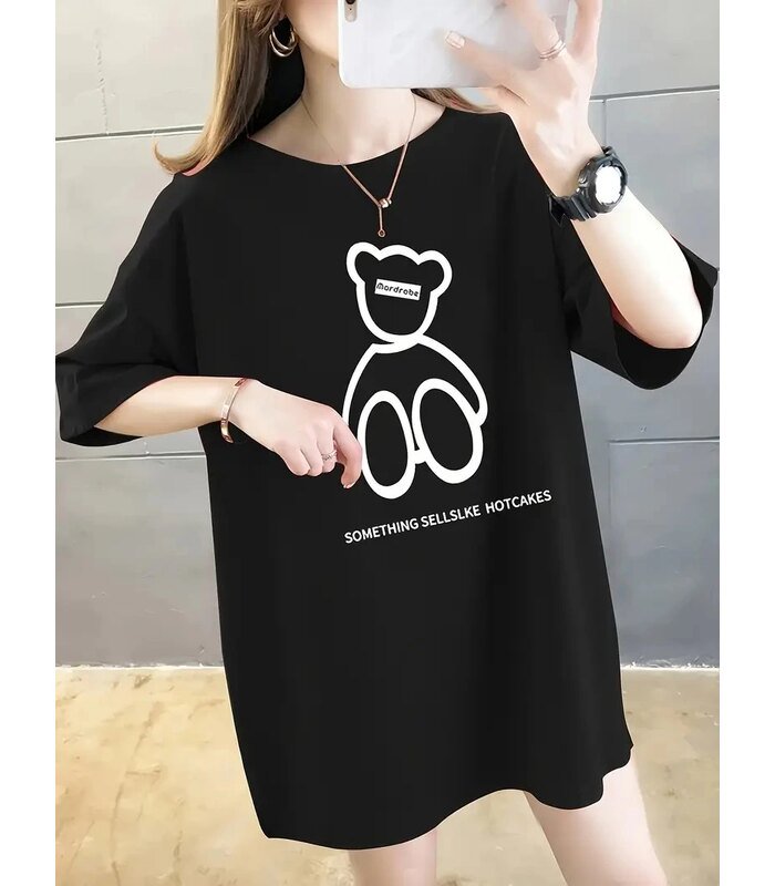 Kadın Tişört Penye Compack Baskılı Oversize Bisiklet Yaka T-shirt - Siyah
