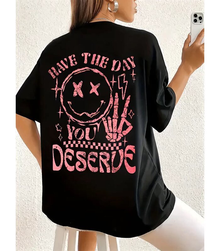 Kadın Kısa Kol Yazlık Tişört Bisiklet Yaka Baskılı Oversize T-Shirt - Siyah