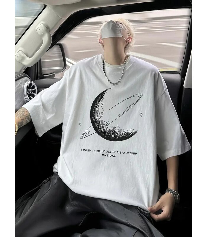 Erkek Baskılı Tişört Kısa Kol Bisiklet Yaka Oversize T-Shirt - Beyaz