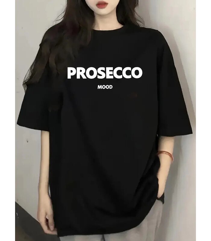 Kadın Kısa Kol Yazlık Tişört Bisiklet Yaka Baskılı Oversize T-Shirt - Siyah