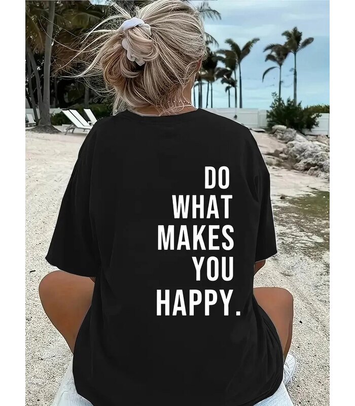 Kadın Kısa Kol Yazlık Tişört Bisiklet Yaka Baskılı Oversize T-Shirt - Siyah