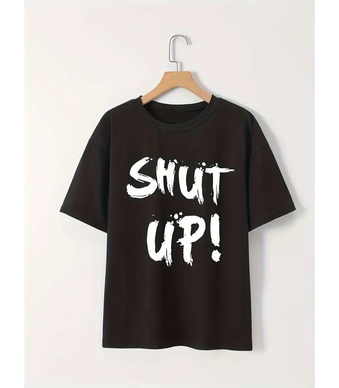 Kadın Tişört Shut Up Baskılı Kısa Kol Bisiklet Yaka T-Shirt - Siyah