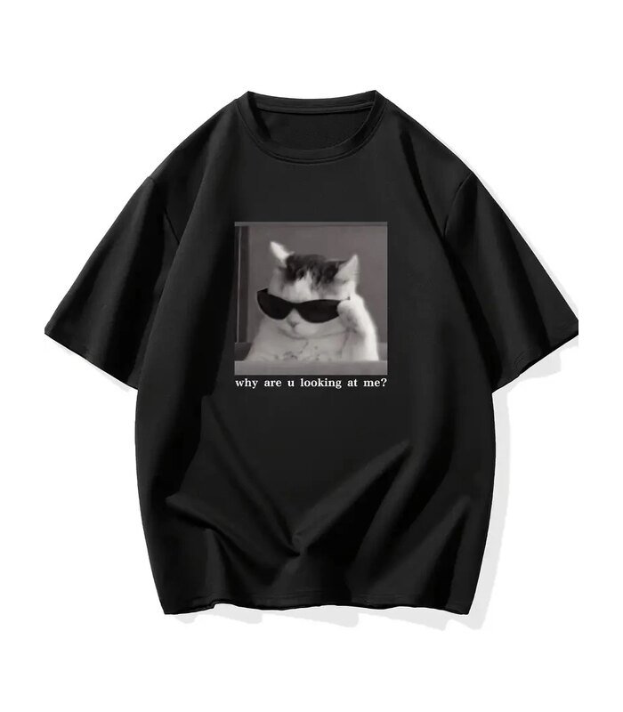 Erkek T-Shirt Komik Kedi Baskılı kısa kol Tişört - Siyah