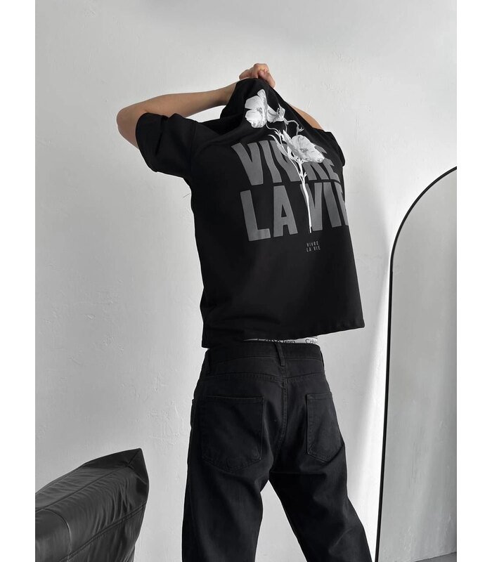Erkek Ön ve Arka Baskılı T-Shirt Kısa Kol Bisiklet Yaka Regular Fit Tişört - Siyah