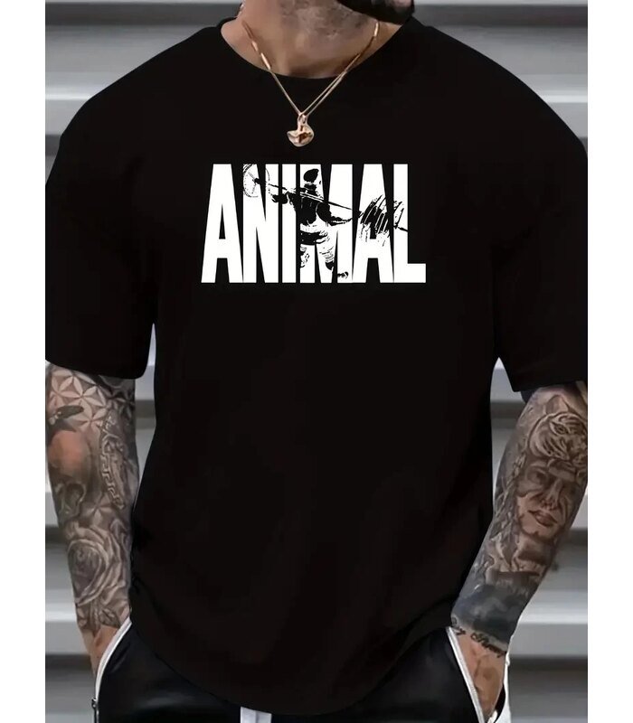 Erkek ANIMAL Baskılı Tişört Bisiklet YakaYazlık T-shirt - Siyah