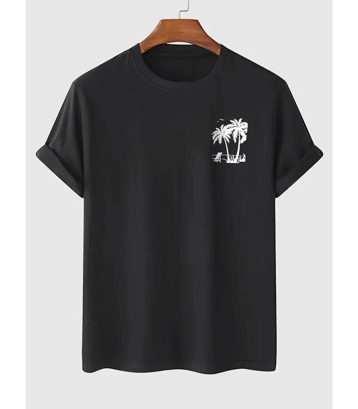 Erkek Kısa Kol Yazlık Tişört Bisiklet Yaka Palmiye Baskılı T-Shirt - Siyah
