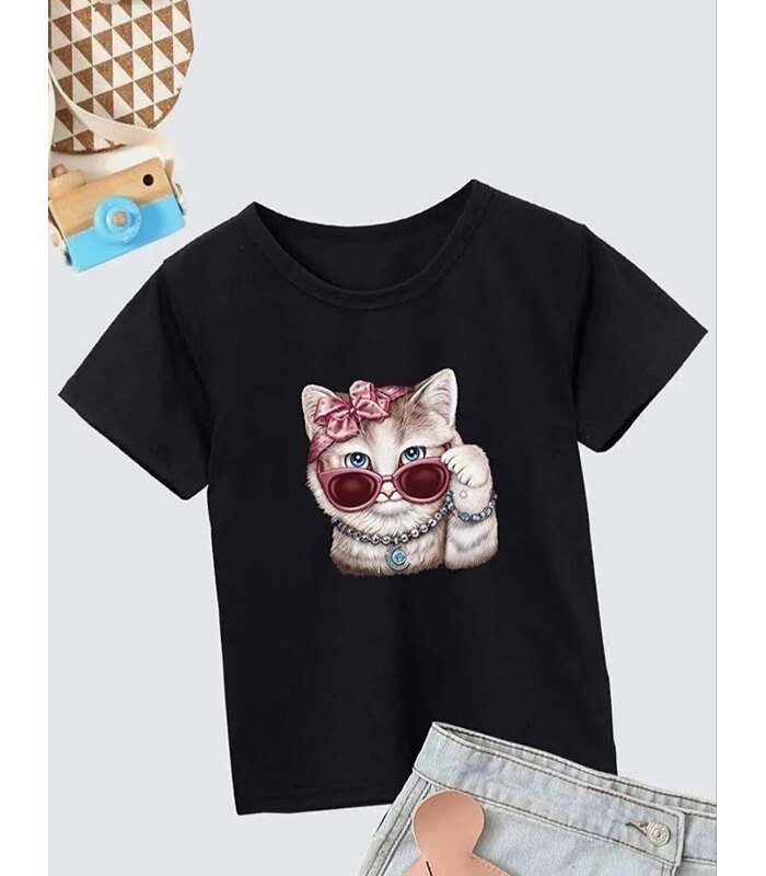 Kız Çocuk Bisiklet Yaka Baskılı T-Shirt - Siyah