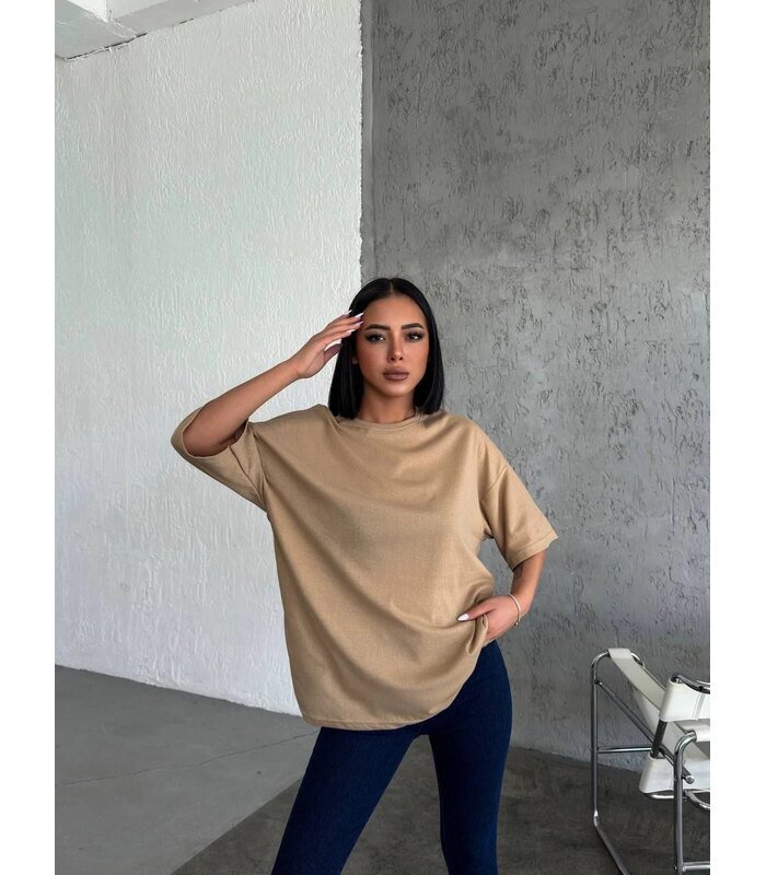 Kadın Düz T-Shirt Kısa Kol Bisiklet Yaka Oversize Rahat Kalıp Günlük Tişört - Bej