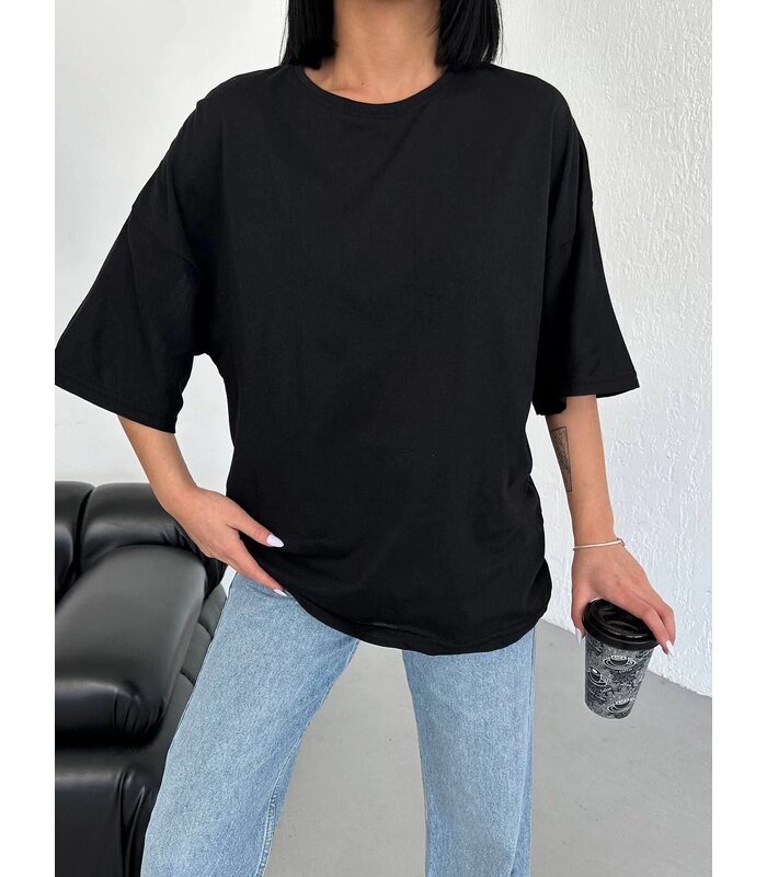 Kadın Düz T-Shirt Kısa Kol Bisiklet Yaka Oversize Tişört - Siyah