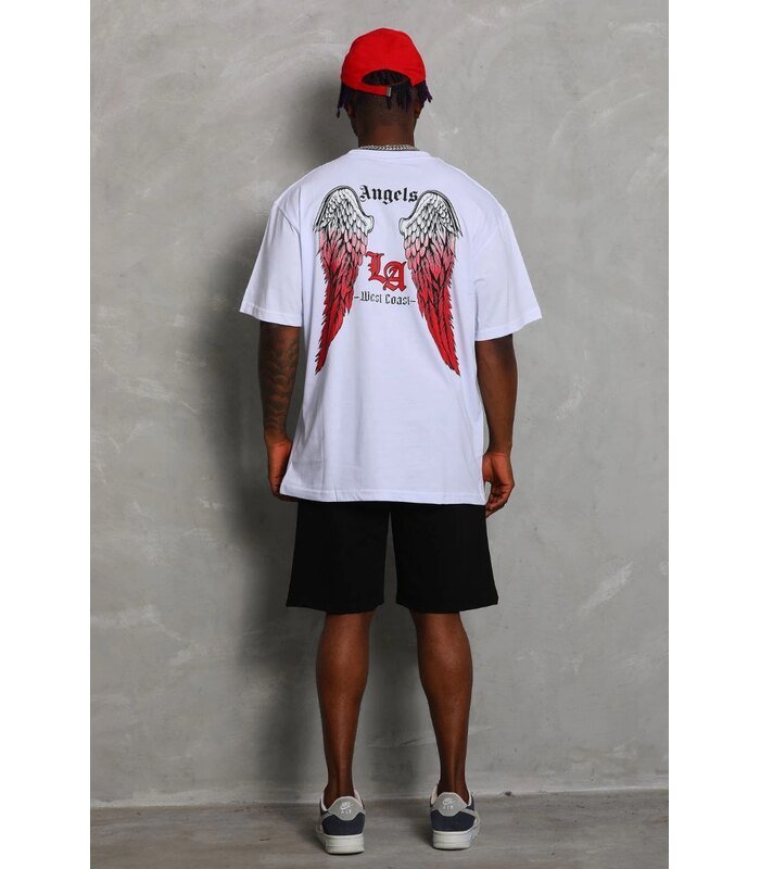 Erkek Kısa Kol Tişört Bisiklet Yaka KANAT Baskılı Oversize T-Shirt - Beyaz